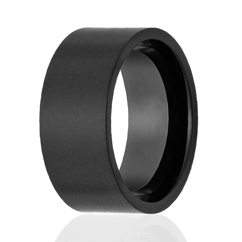 10MM Men's Titanium Ring Wedding Band Black Plated Pipe Cut Brushed Top