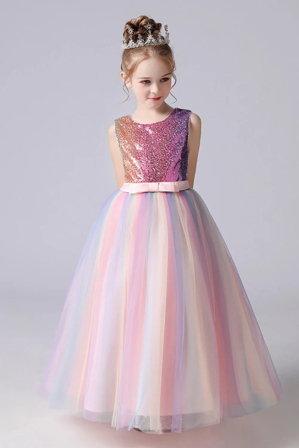 A-Line Sparkly Pink Sequins Kids Girls' Dress with Bows