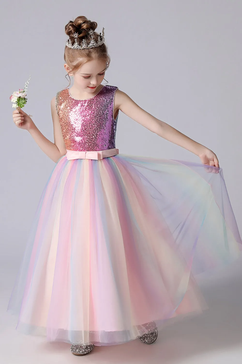 A-Line Sparkly Pink Sequins Kids Girls' Dress with Bows