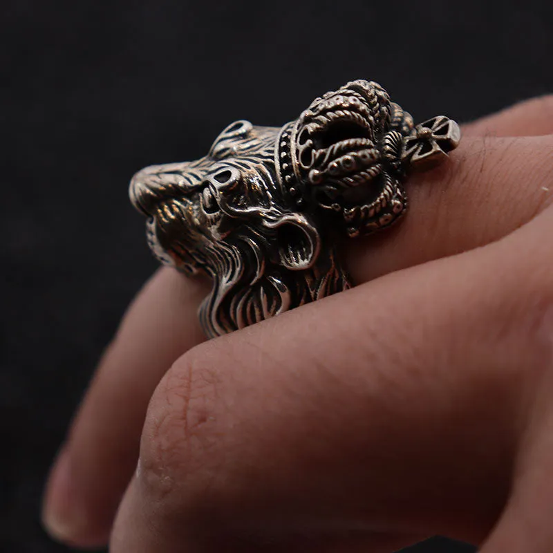 Authentic Crown Lion King Head 925 Sterling Silver Vintage Punk Biker Ring