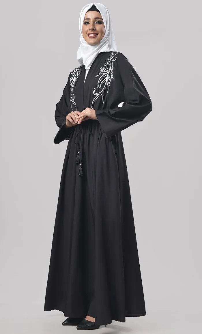 Black Beads And Dori Work Intricate Detailing Abaya