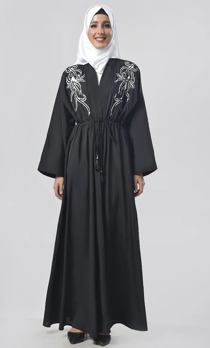 Black Beads And Dori Work Intricate Detailing Abaya