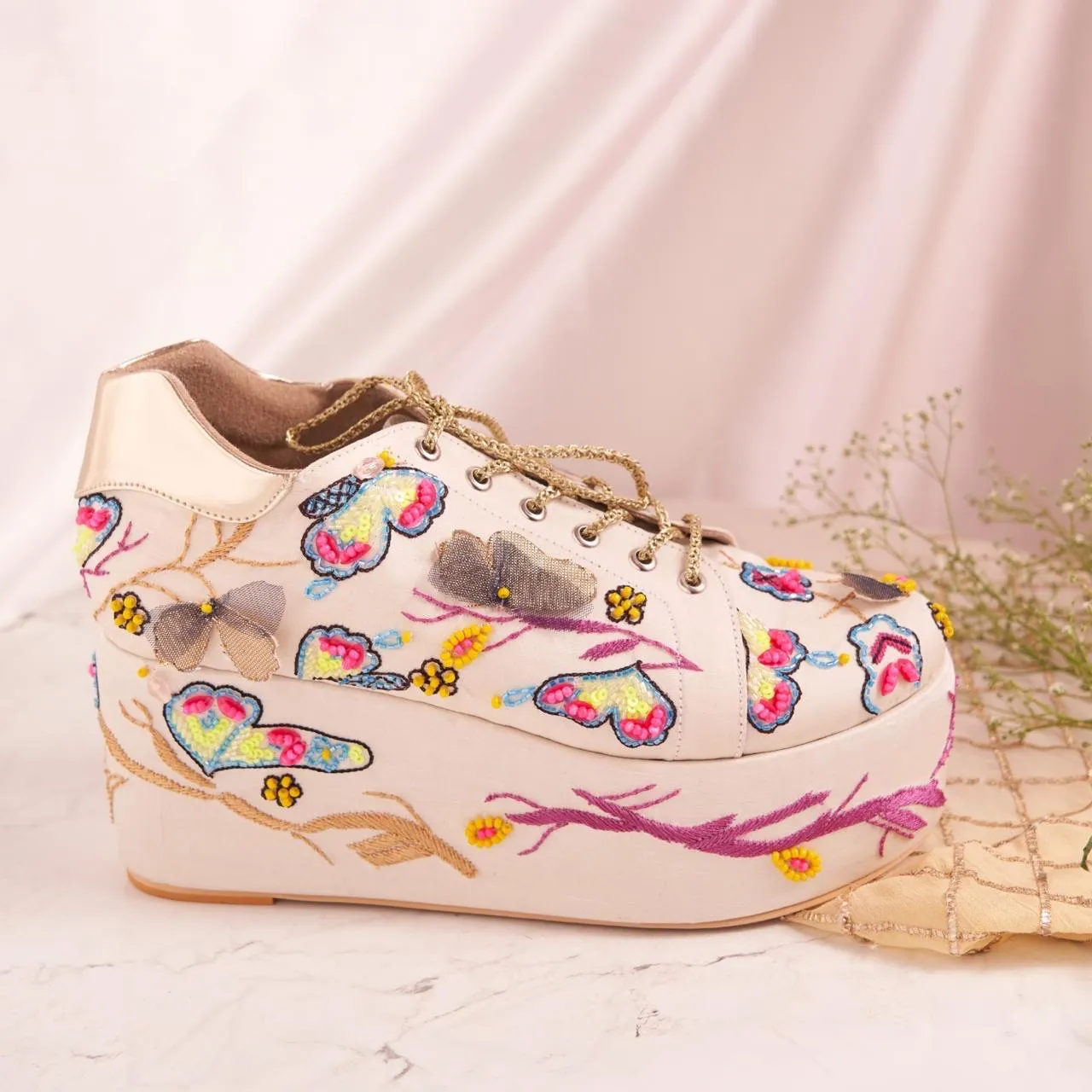 Butterfly Neon Beaded Sneakers – Fully Cushioned Platform shoes (White)