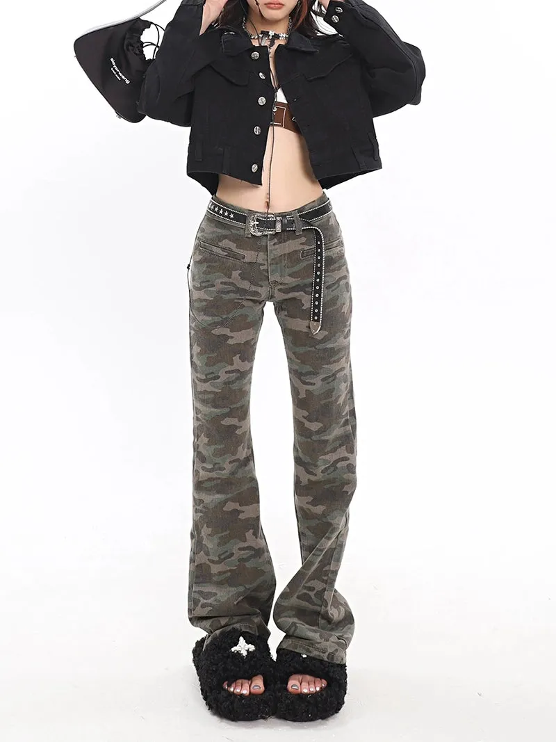 Camo Print Low-Waist Semi Flare Jeans