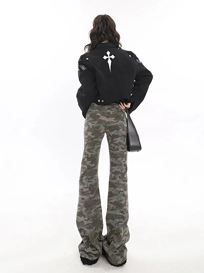 Camo Print Low-Waist Semi Flare Jeans