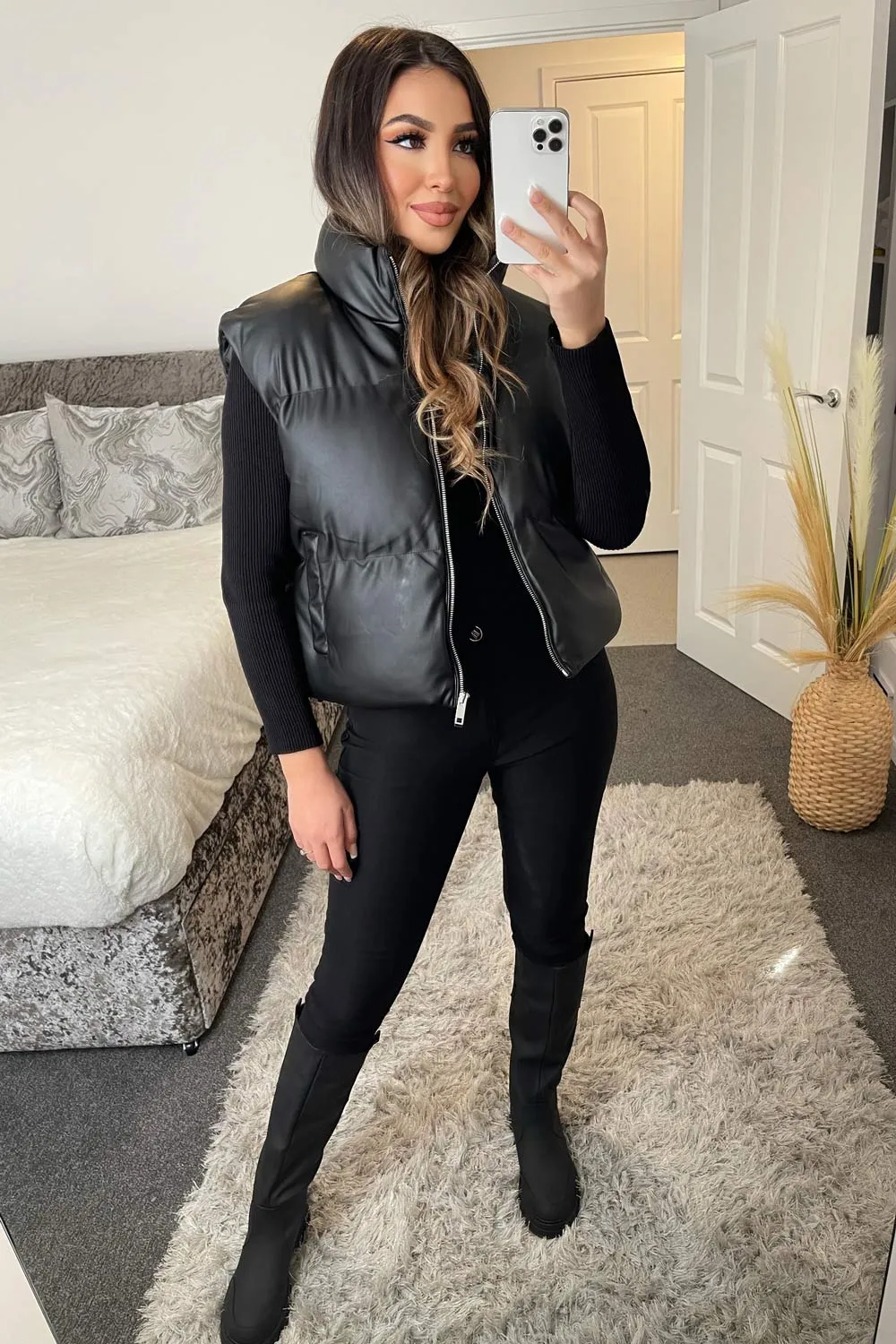 Daphne Black Matte Faux Leather PU Padded Gilet