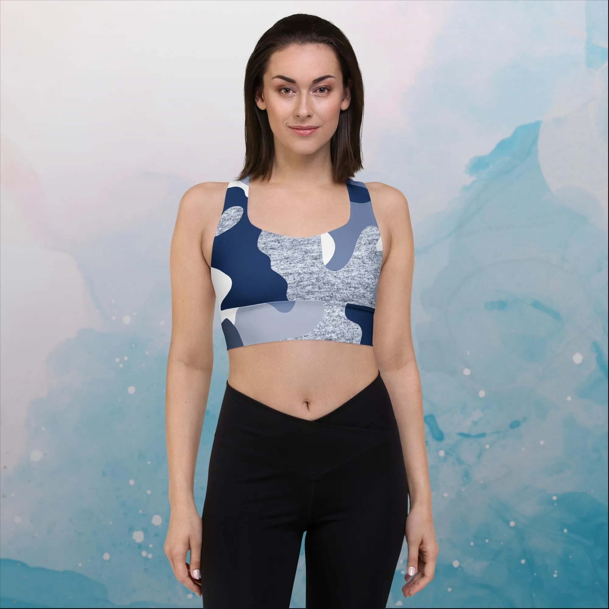 Giant Blue Camo Print Womens Longline Sports Bralette