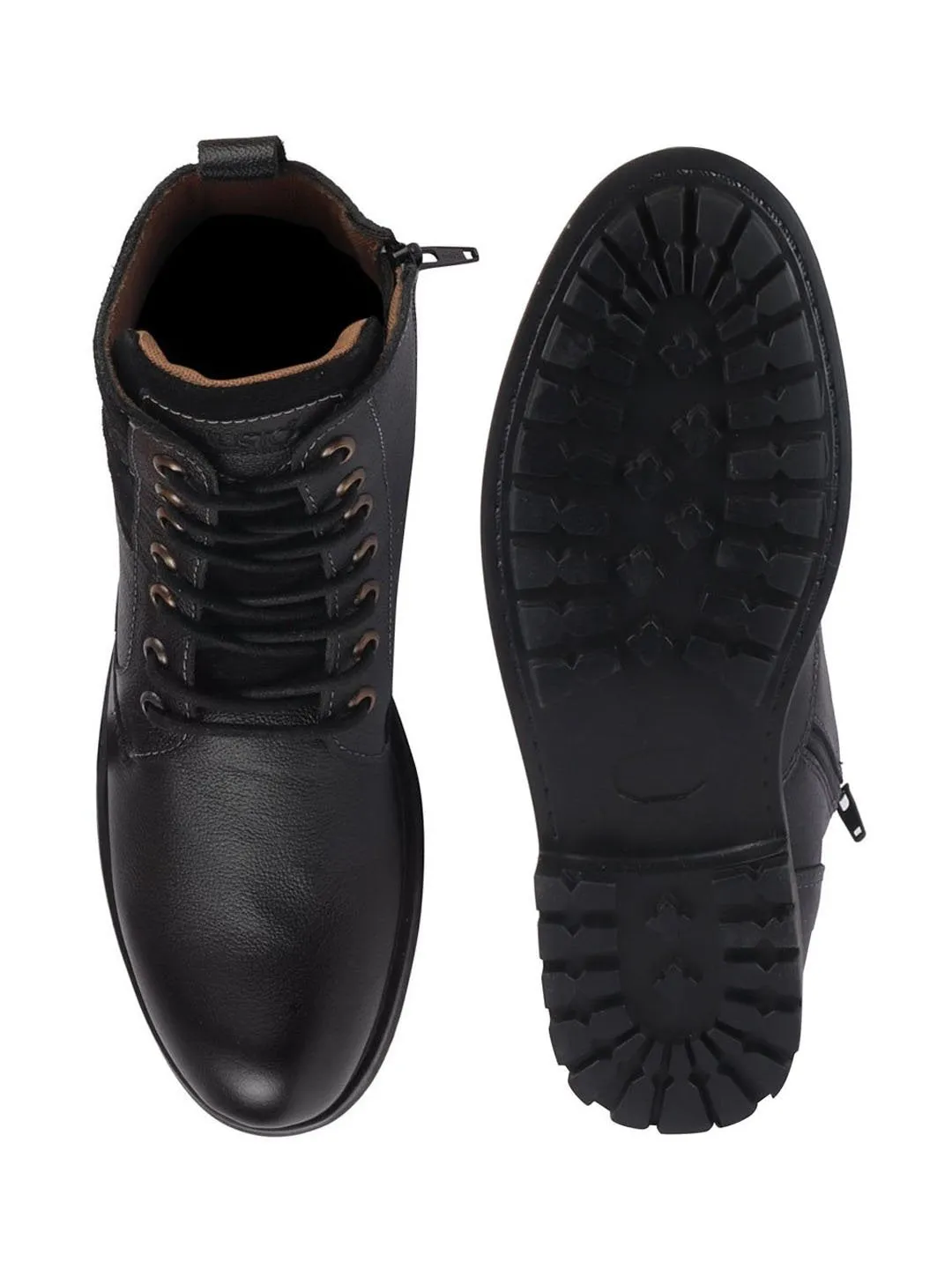 Men Black Leather Lace Up High Top Boots