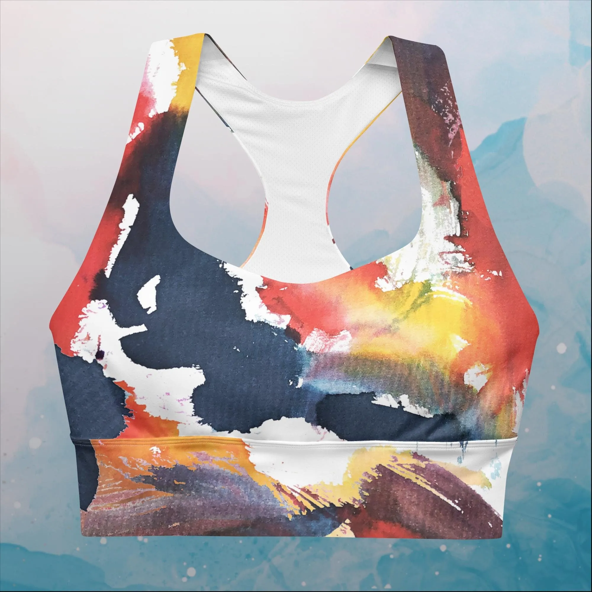 Primary Color Pallet Paint Print Womens Longline Sports Bra