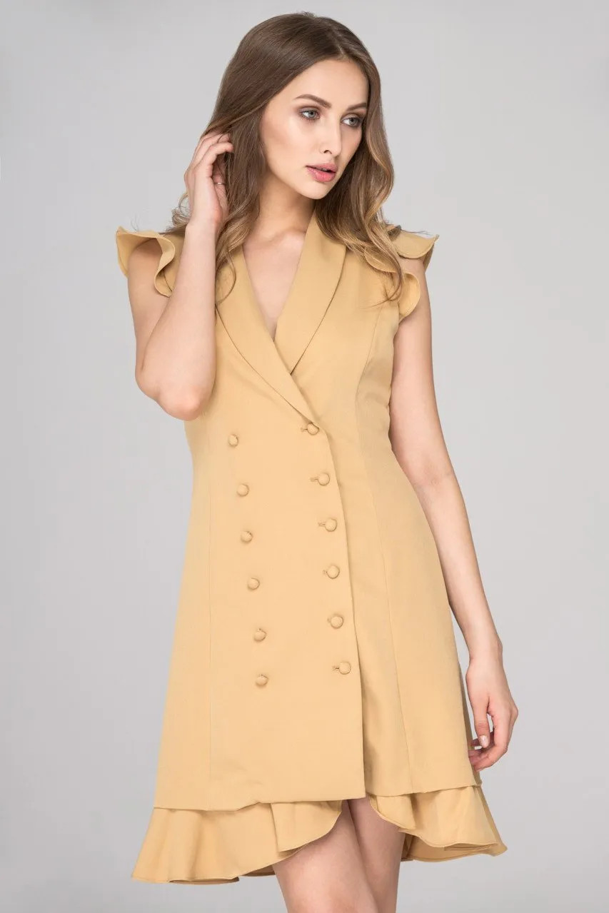 Rania Fawaz - Khaki Double Button Ruffled Hem Midi Dress