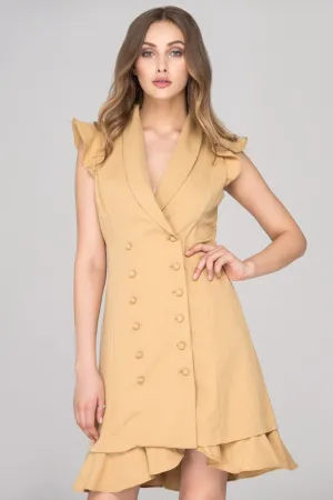 Rania Fawaz - Khaki Double Button Ruffled Hem Midi Dress