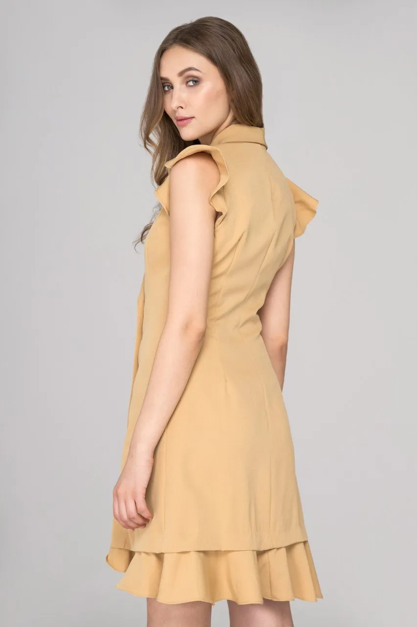 Rania Fawaz - Khaki Double Button Ruffled Hem Midi Dress