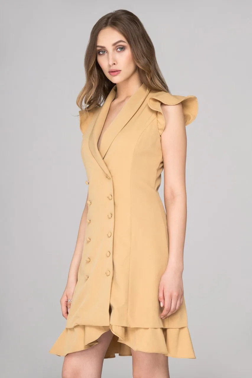 Rania Fawaz - Khaki Double Button Ruffled Hem Midi Dress