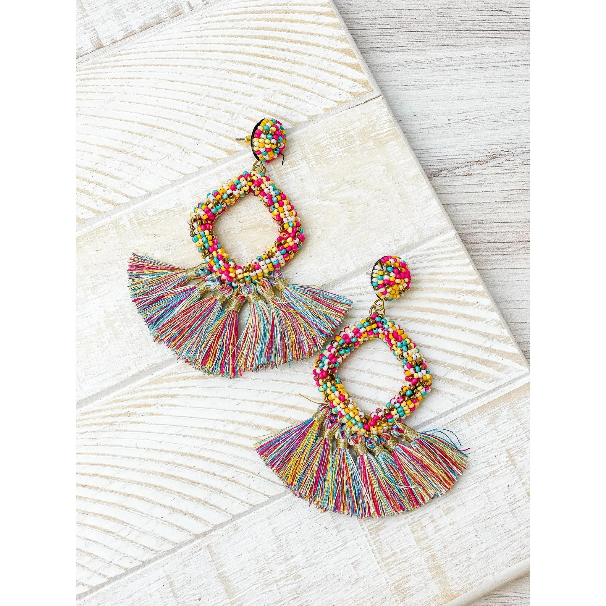 Seed Bead Fringe Dangle Pierced Earrings