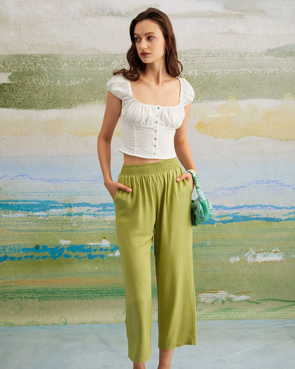 The Green Elastic Waist Straight Ninth Pants