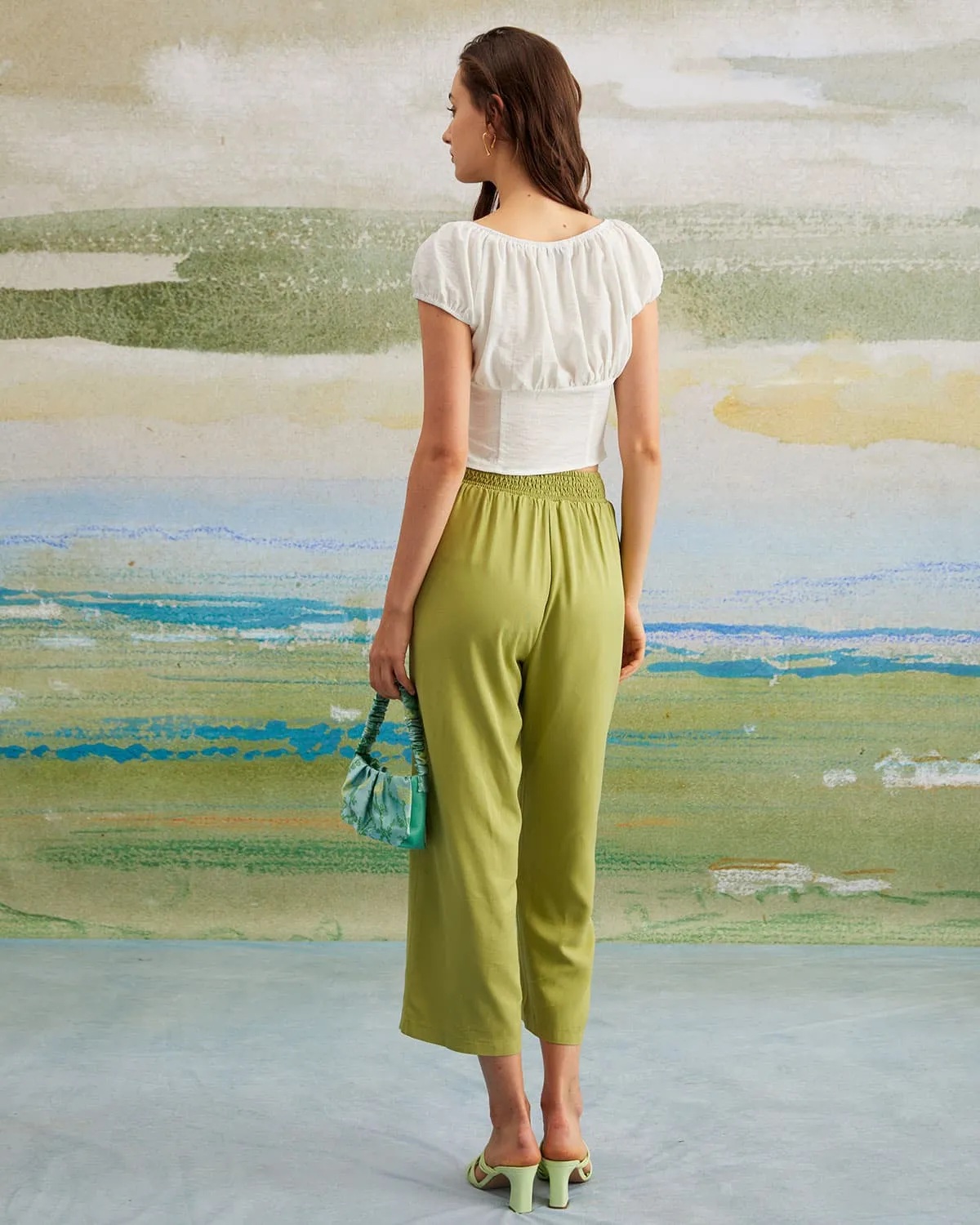 The Green Elastic Waist Straight Ninth Pants