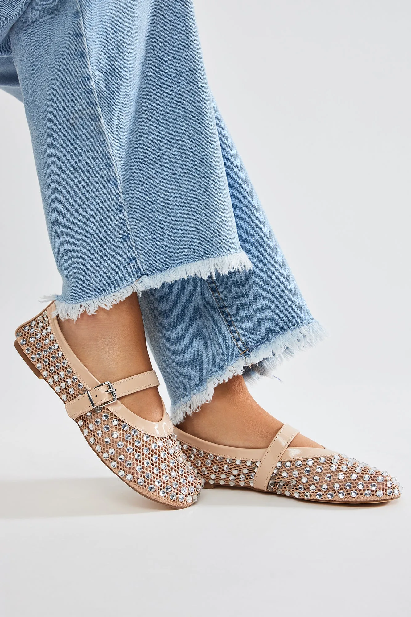 Trust Me Embellished Mesh Ballet Flats - Nude