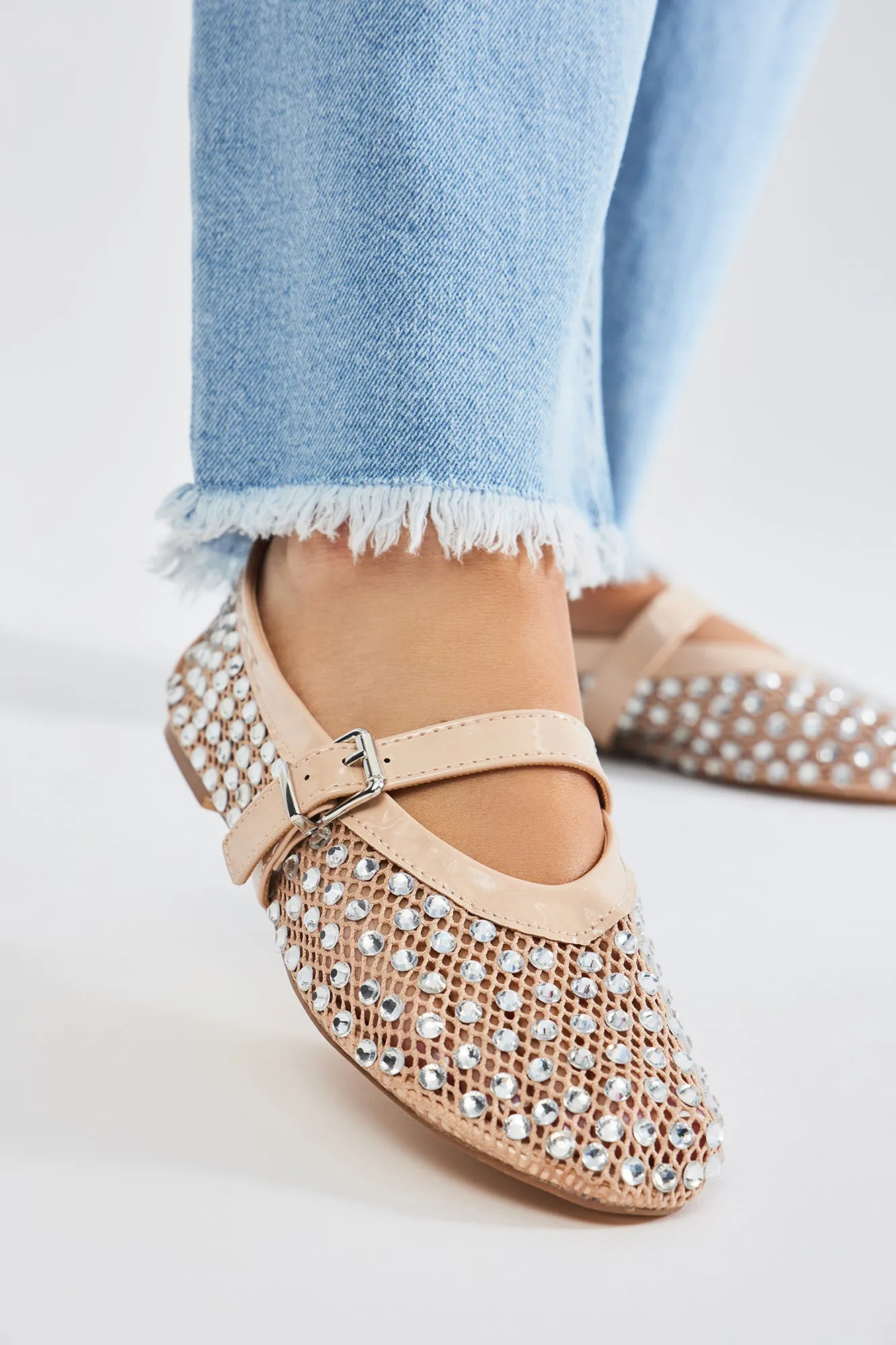 Trust Me Embellished Mesh Ballet Flats - Nude